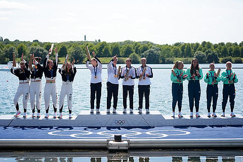 Paris Olympics women's kayak four 500-meter: Silver medalists Germany, gold medalists New Zealand and bronze medalists Hungary